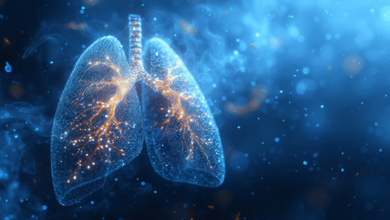 Digital representation of human lungs with sparkling structure, blue background